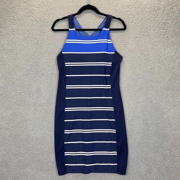Athleta Swim Dress Small Beach Swim Padded Shelf Bra Colorblock Striped Blue - Picture 3 of 12